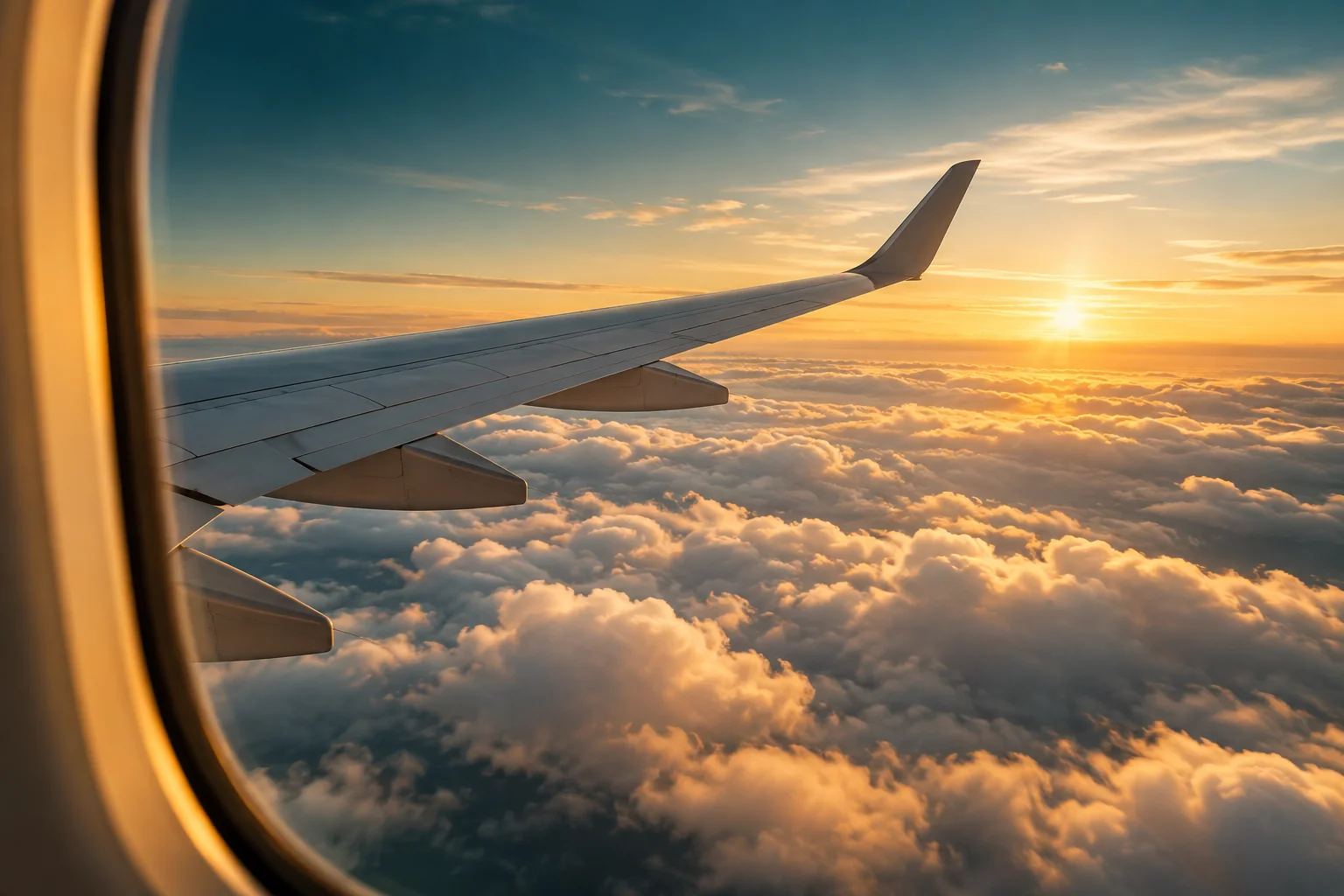 Illustrative view of an aircraft wing above clouds at sunrise
