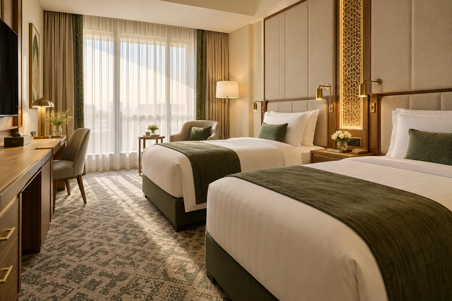 Illustrative twin hotel room with ivory bedding; actual hotel to be confirmed