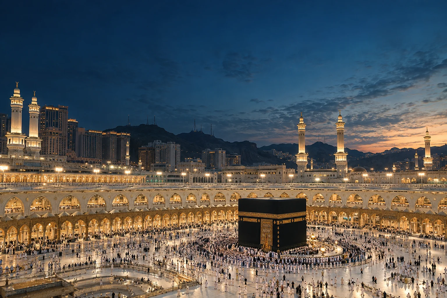 Illustrative view of the Kaaba and Masjid al-Haram at blue hour