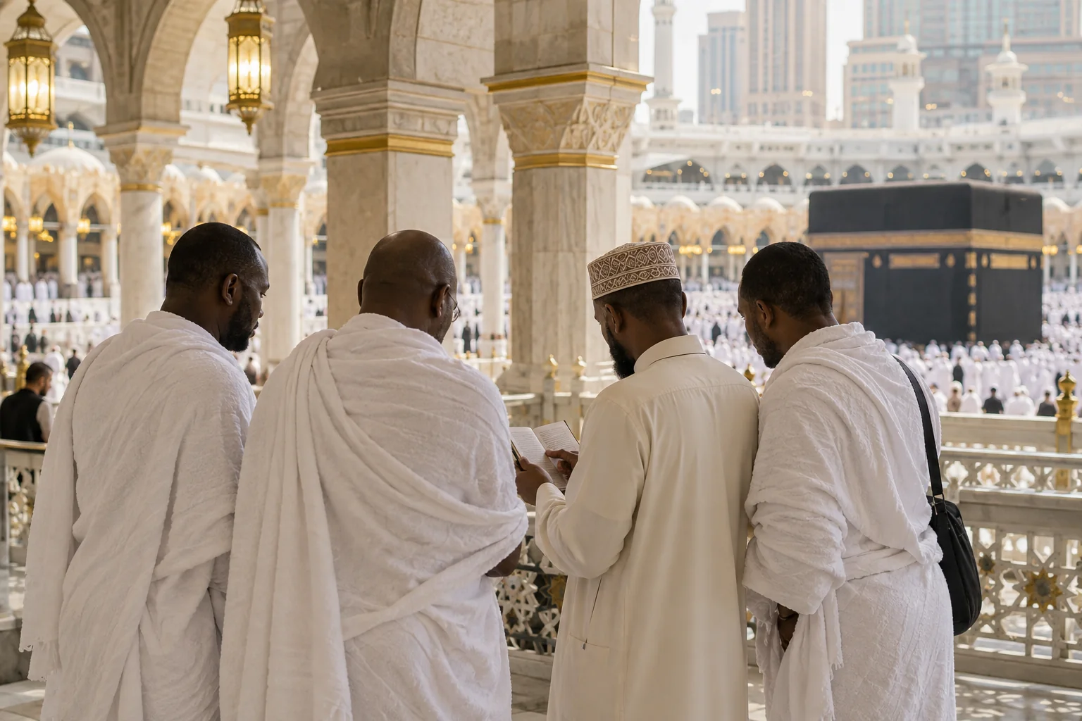 Illustrative scene of pilgrims reviewing a booklet with a guide