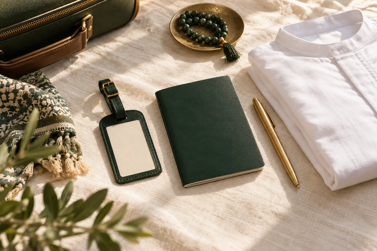 Illustrative travel preparation still life with a closed booklet and luggage tag
