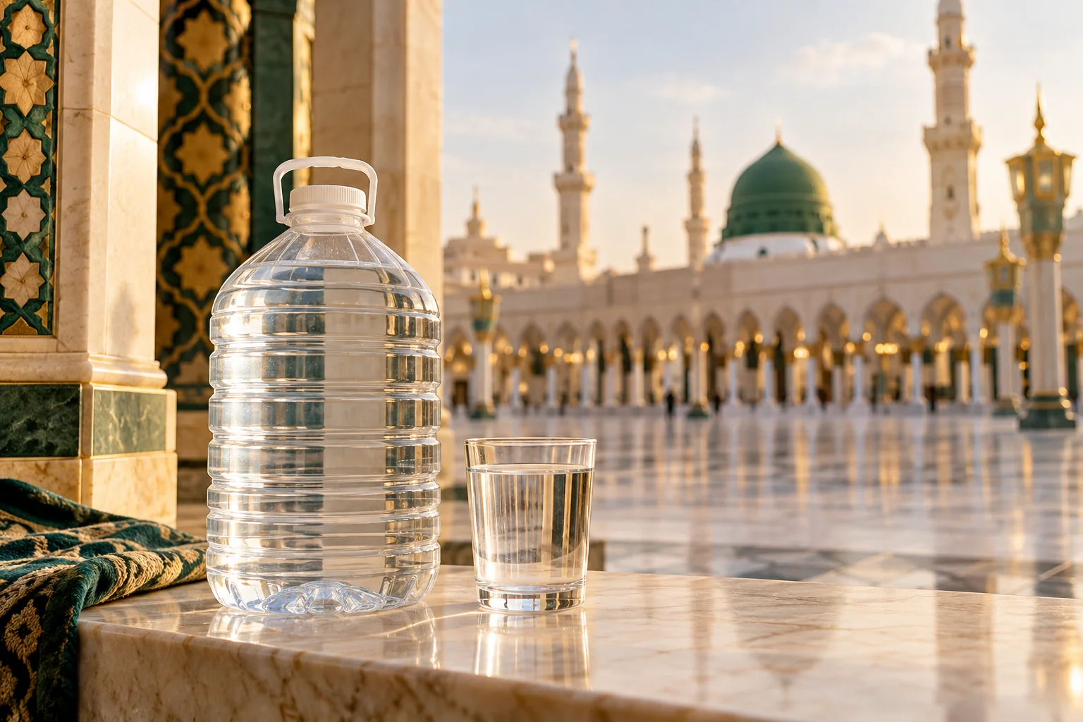Illustrative water container and glass; packaging may vary